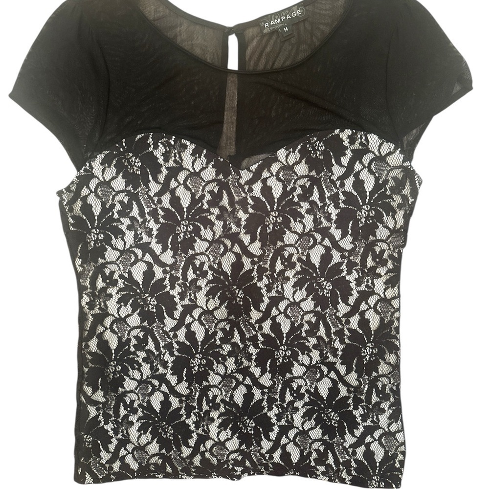 Rampage Y2K Blouse Unconventional Lace Sheer Top Gold Zip Sz M Whimsigoth Fairy